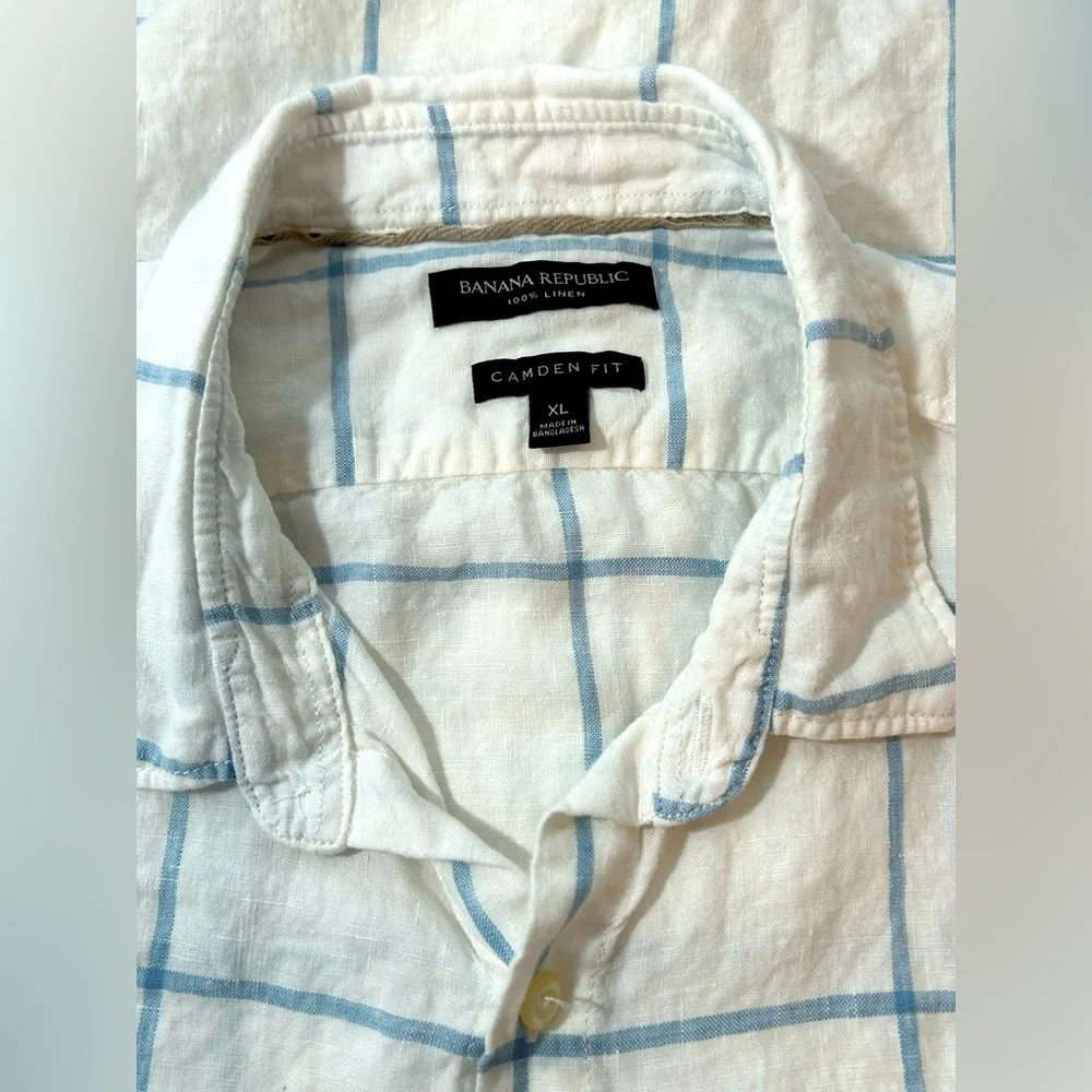 Men’s White & Blue Button Down Short Sleeve Banana Republic 100% Linen XL - Picture 4 of 5